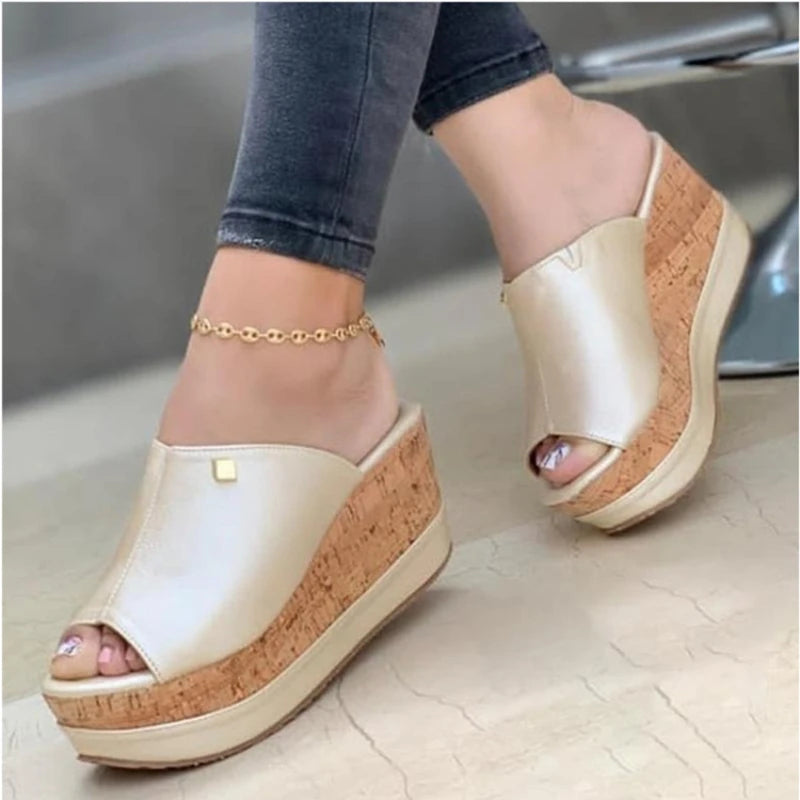 2023Slippers Summer  Wedges  Retro Fish Mouth Large Size Sandals Women High Heel Platform Solid Color Plus Size Shoes Sandalias