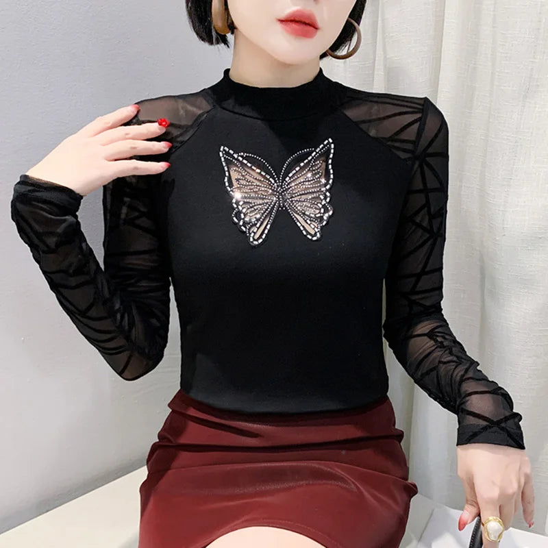 New 2025 Spring Autumn Long Sleeve T-Shirt Fashion Casual Turtleneck Diamond Woman Tee Elegant Slim Women's Tops Blusas