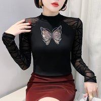 New 2025 Spring Autumn Long Sleeve T-Shirt Fashion Casual Turtleneck Diamond Woman Tee Elegant Slim Women's Tops Blusas