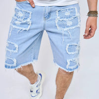 2024 Summer Men's High Street Ripped Patch Denim Shorts Stylish Solid Casual Male Straight Jeans Shorts