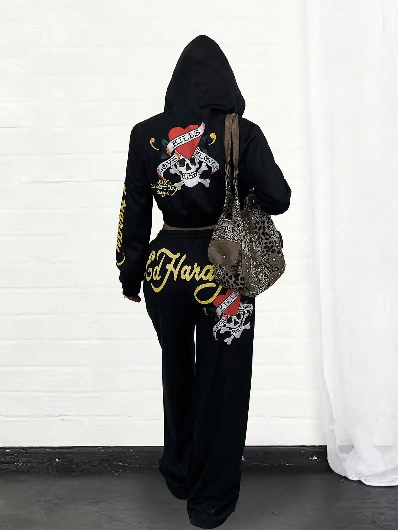 Ed Hardy Skull & Heart Print Cropped Hoodie and Wide Leg Pants Set - Gothic Streetwear