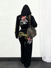 Ed Hardy Skull & Heart Print Cropped Hoodie and Wide Leg Pants Set - Gothic Streetwear