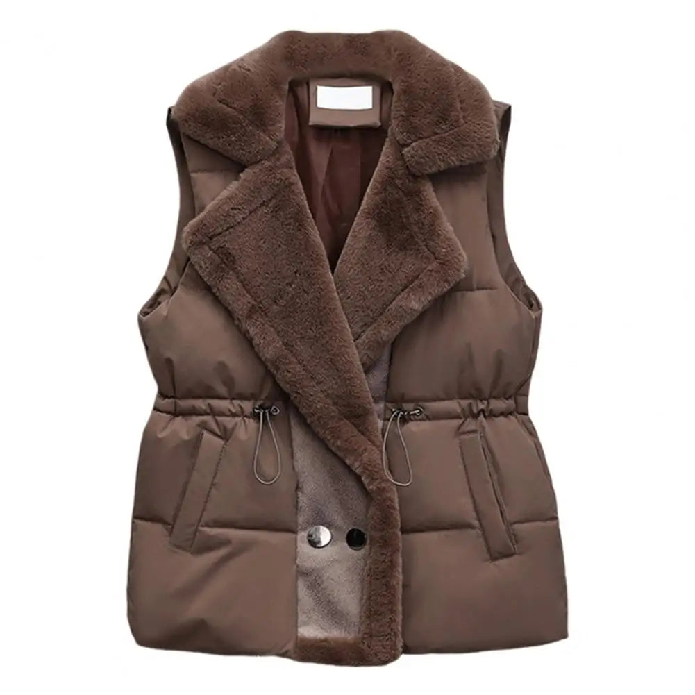 Winter Cotton Fur Integrated Down Vest Womens Puffer Vest Stand Collar Button Down Padded Jacket with Drawstring Waistcoat