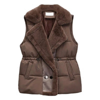 Winter Cotton Fur Integrated Down Vest Womens Puffer Vest Stand Collar Button Down Padded Jacket with Drawstring Waistcoat