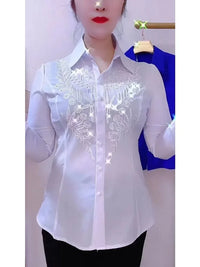 Shiny Sequins Long Sleeve White Shirt New High End Chic High Design Embroidery Hot Diamond Blouses Women Tops Red Blue