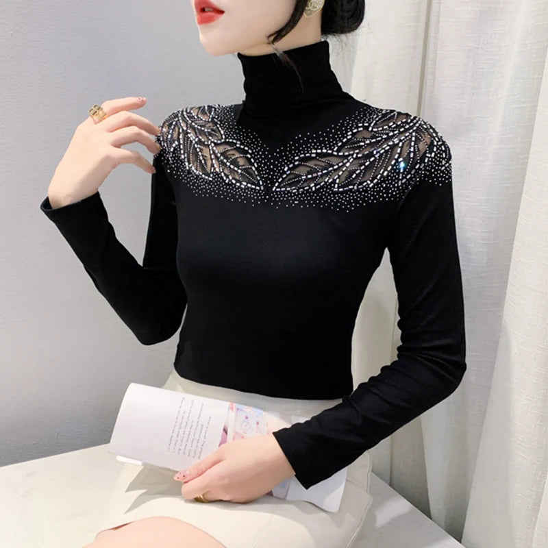New 2025 Spring Autumn Long Sleeve T-Shirt Fashion Casual Turtleneck Diamond Woman Tee Elegant Slim Women's Tops Blusas