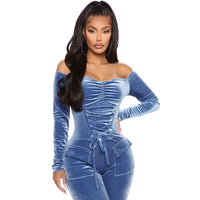 Off Shoulder Velvet Jumpsuit Women Long Sleeve Romper Bodycon Lace Up Sexy SkinnyJumpsuit Night Club Party Jumpsuit Overalls