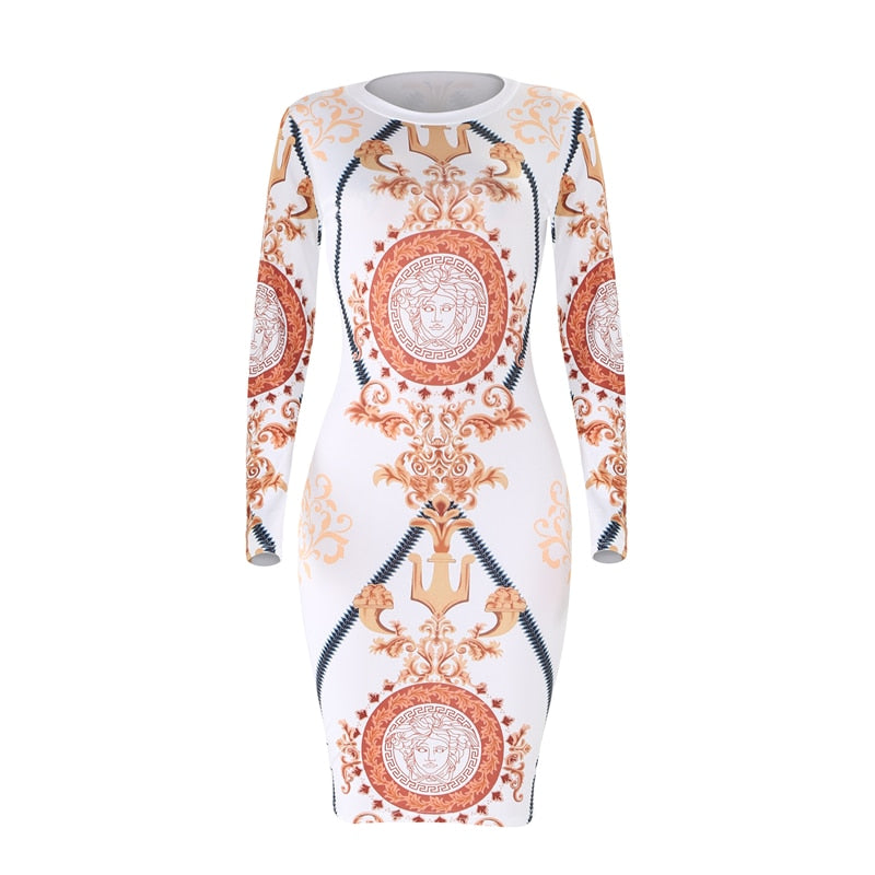 Women Spring Summer Sexy Print Bodycon Dress Long Sleeve Knee-length Casual Vintage Dress Elegant Slim Midi Party Dress Vestidos