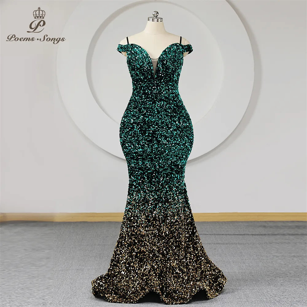 Colorful Sequins Mermaid Evening Dress Plus Size Women Spaghetti Straps Off Shoulder Long Prom Dresses Party Maxi dress