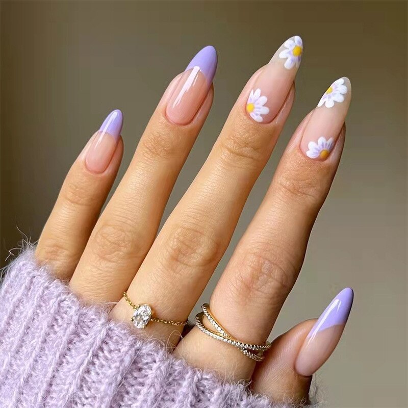 24Pcs Long Round Head Black Glod Line Press On Nail Art Removable Fake Nails With Glue Full Cover Waterproof False Nails