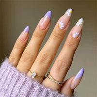 24Pcs Long Round Head Black Glod Line Press On Nail Art Removable Fake Nails With Glue Full Cover Waterproof False Nails