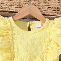 Dress For Girls Yellow O-Neck Fly-Sleeve Tulle Bowknot 8-12 Years Summer Elegant Sweet Style Princess Dress kids Clothing