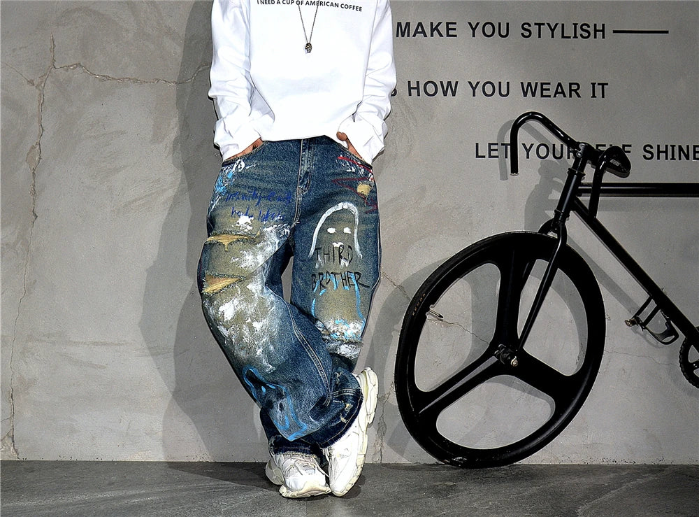 High End Men'S Clothing Hip Hop Graffiti Baggy Jeans For Men Streetwear Skateboard Ripped Jeans Korean Trendy Denim Trousers