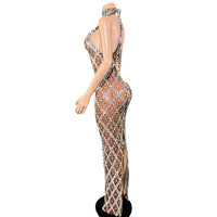 Sparkly Rhinestones Sleeveless Long Dress Elegant Dark Mesh Celebrate Evening Wedding Prom Gown Birthday Dress Photograph Wear