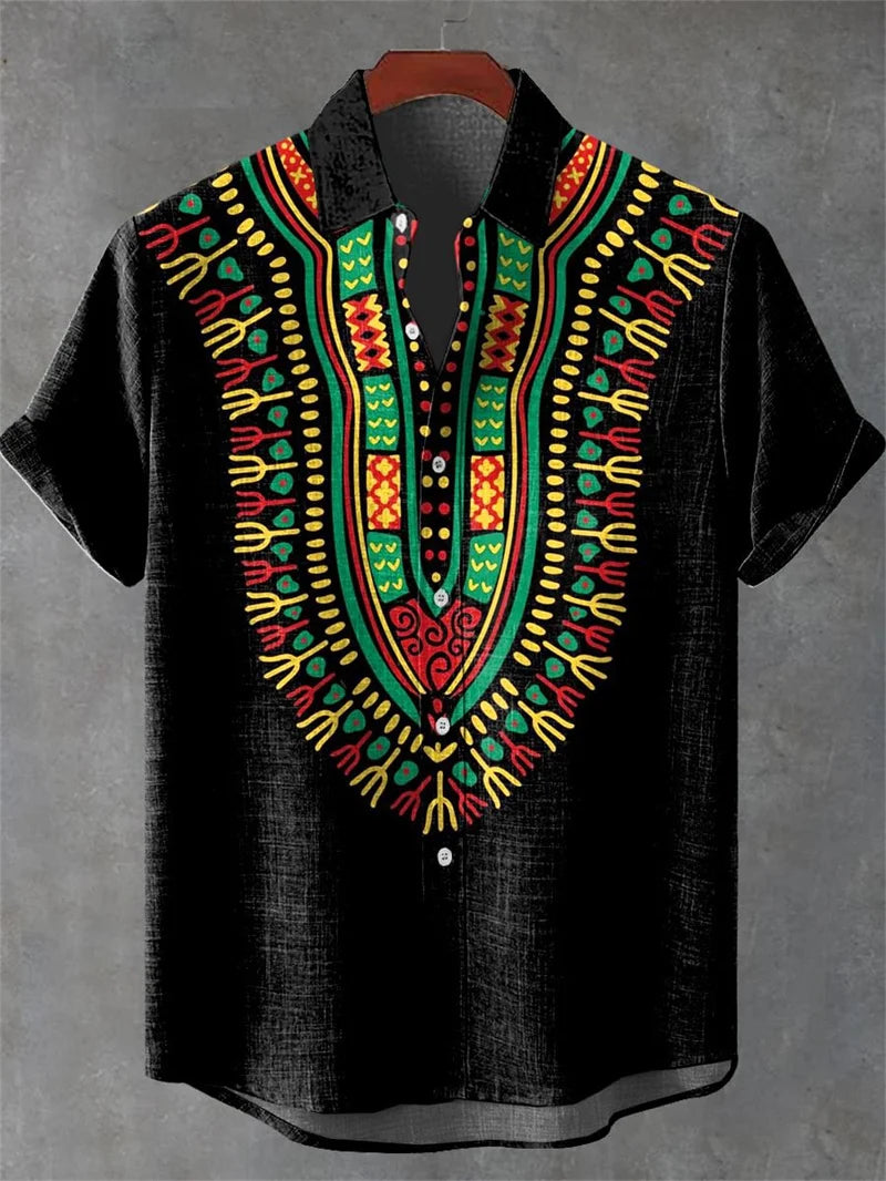 Men's Short Sleeve Shirt Vintage Ethnic Style Sunlight and Tree Illustration Art Snake Print Casual Linen Shirt