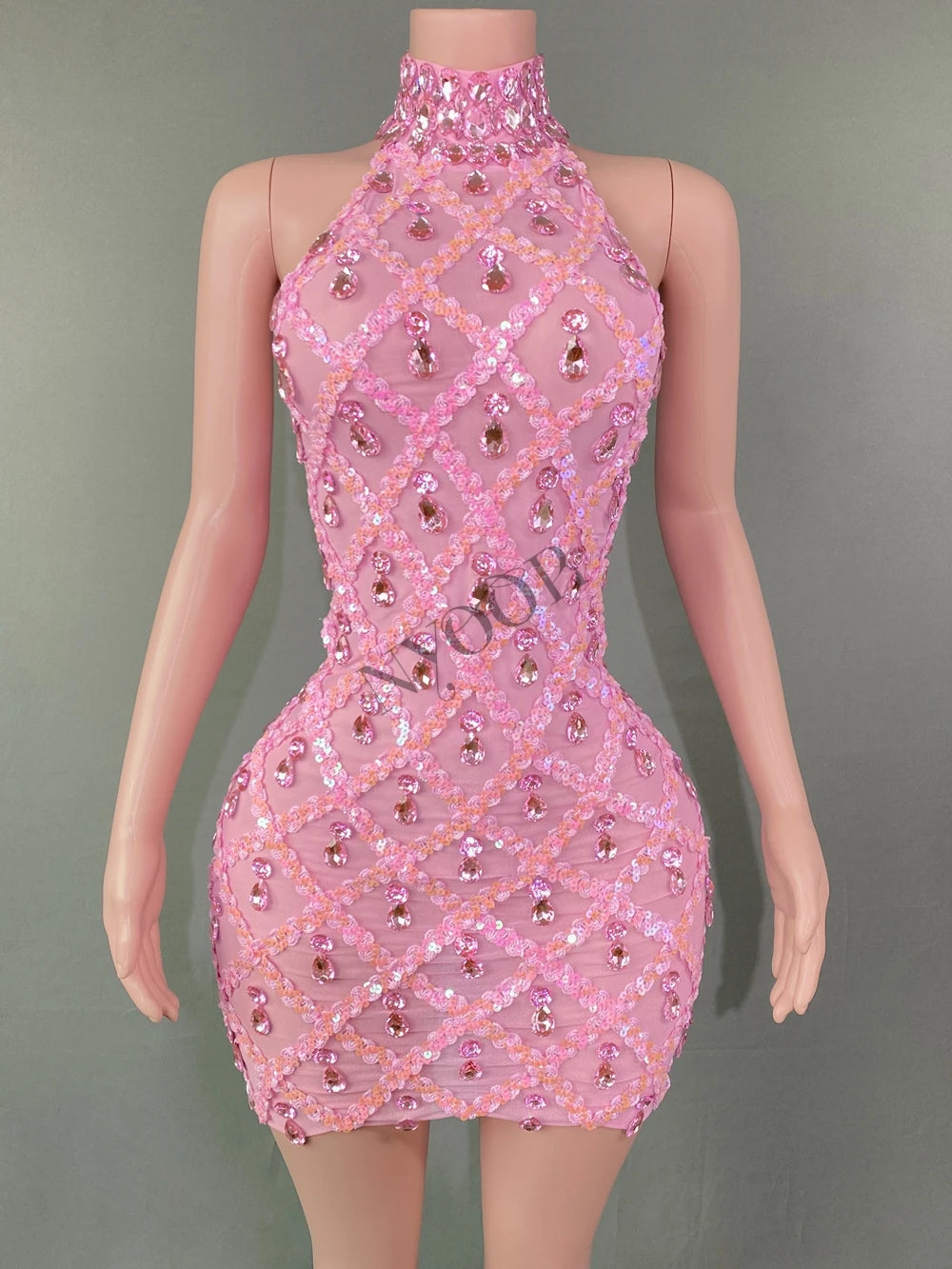 Sparkly Rhinestones Short Dress for Women Sexy Mesh Transparent Celebrate Evening Prom Event Birthday Dress Photo Shoot Wear