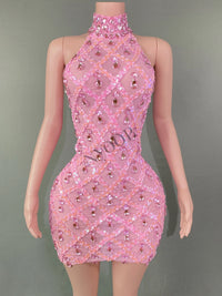 Sparkly Rhinestones Short Dress for Women Sexy Mesh Transparent Celebrate Evening Prom Event Birthday Dress Photo Shoot Wear