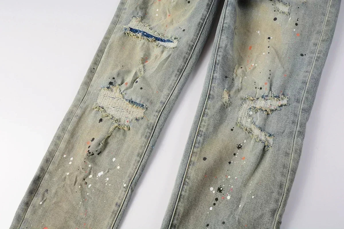 Men's Skinny Denim Jeans 2025 New Streetwear Distressed Painted Repair Low-Rise Brand Pants for Casual Style