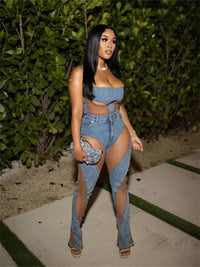 y2k Clothes Streetwear Jeans Elastic Pants Women  Casual High Waist Design Casual denim Blue Patchwork denim Trousers Pants