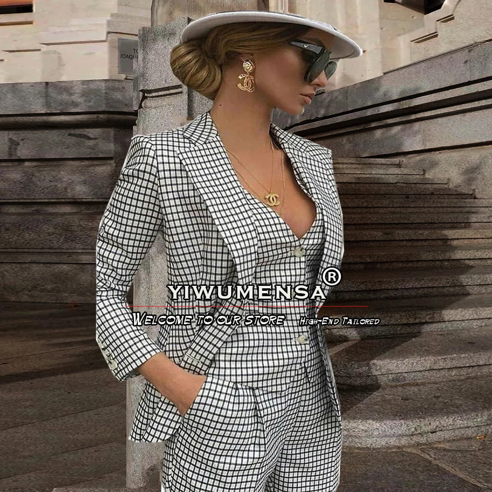 Spring Women Suits Tailored Made White/Black Plaid Mother Of Bride Dress 3 Piece Jacket+Vest+Pants Slim Fit Tailleur Femme 2023