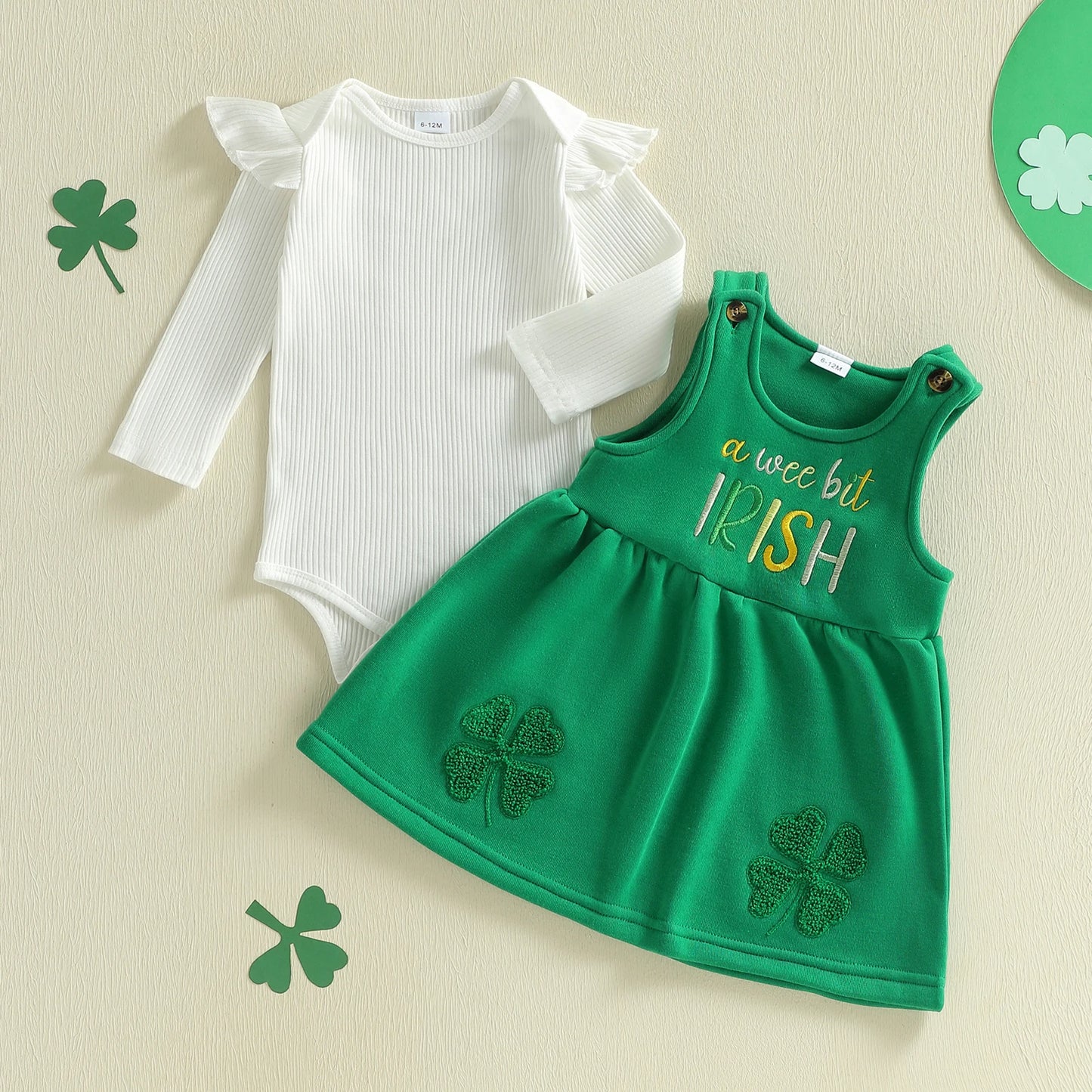 Baby Spring Clothes Solid Ribbed Long Sleeve Romper Letter Shamrock Embroidery Overalls Dress 2 Pcs Irish Outfits