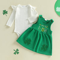 Baby Spring Clothes Solid Ribbed Long Sleeve Romper Letter Shamrock Embroidery Overalls Dress 2 Pcs Irish Outfits