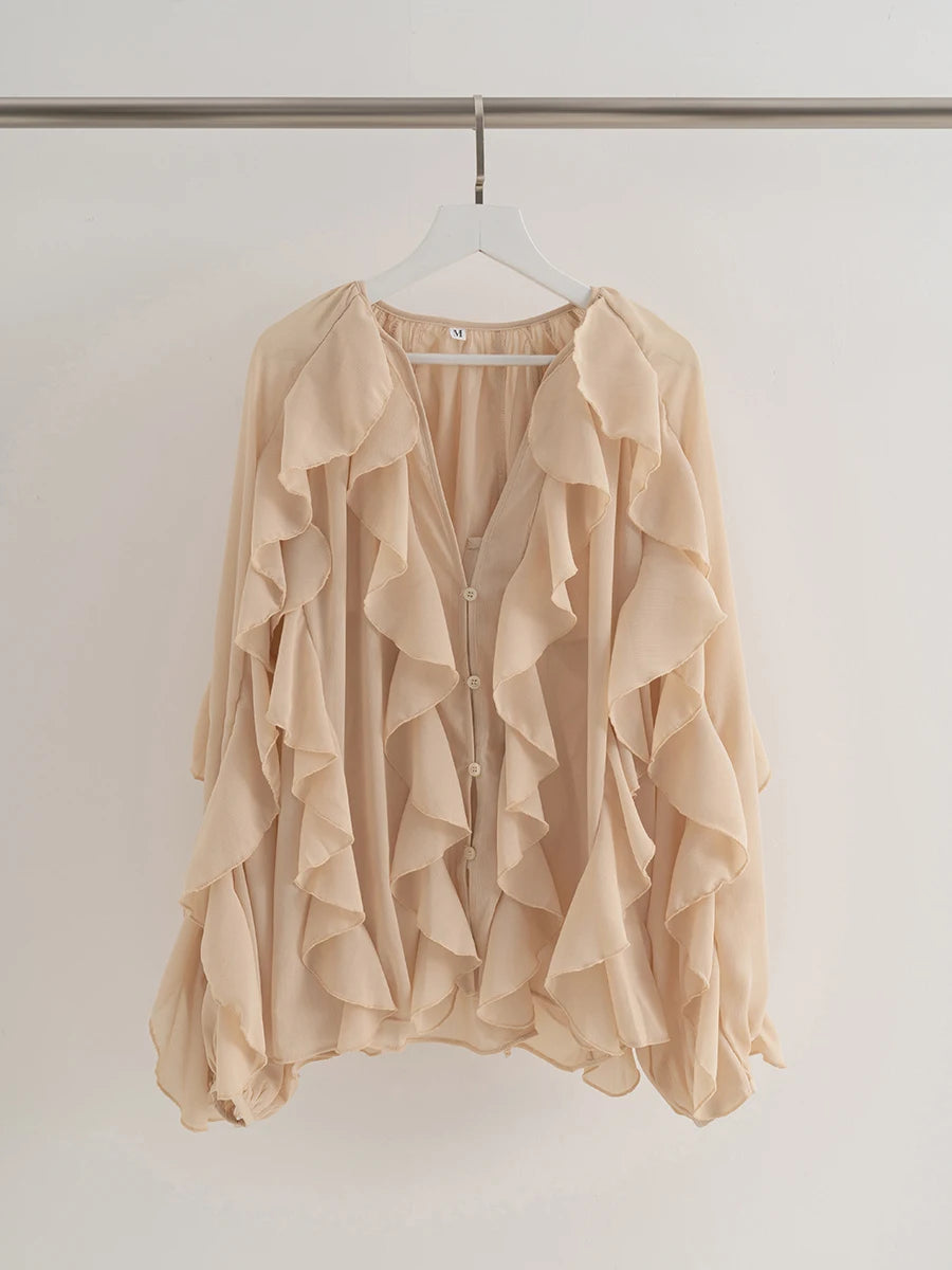 Spring Solid Ruffle Blouse Women 2025 New V Neck Single Breasted Long Sleeve Blouses Vintage Fashion Casual Shirt Tops Female