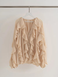 Spring Solid Ruffle Blouse Women 2025 New V Neck Single Breasted Long Sleeve Blouses Vintage Fashion Casual Shirt Tops Female