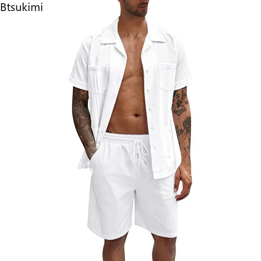 New Men's Summer Casual Sport 2 Piece Sets Fashion Cotton Linen Short Sleeve Shirt and Shorts Suit Men Loose Sport Shirt Outfits