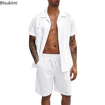 New Men's Summer Casual Sport 2 Piece Sets Fashion Cotton Linen Short Sleeve Shirt and Shorts Suit Men Loose Sport Shirt Outfits