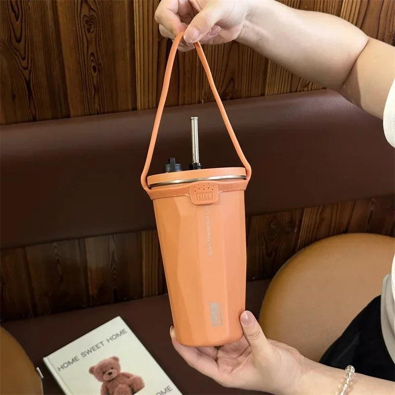 Stainless Steel Vacuum Insulated Coffee Mugs with Straw and Silicone Rope Portable Large Capacity Ice Bar Thermal Water Cup