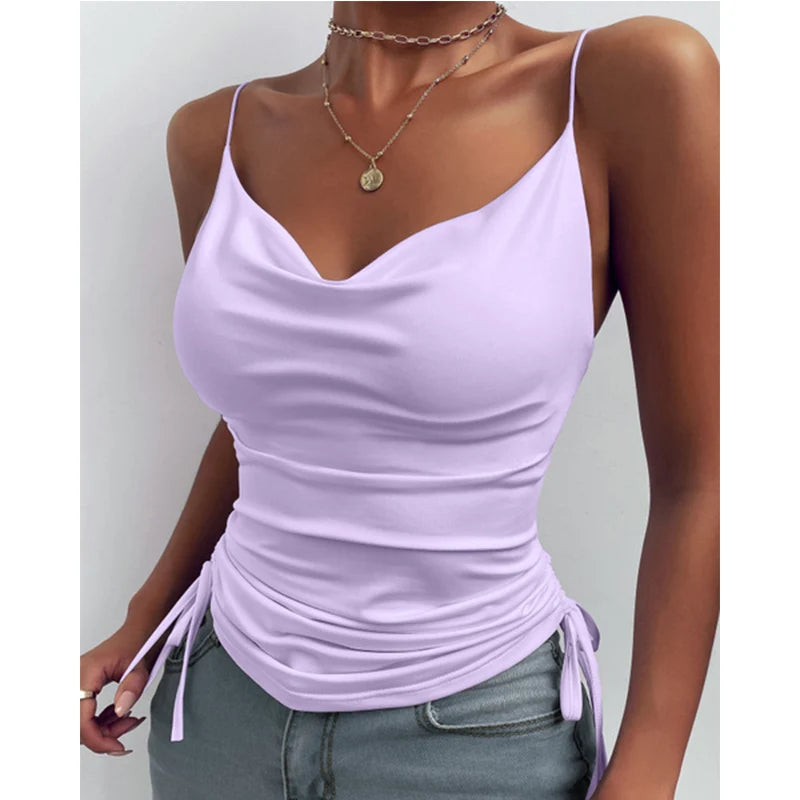 Women Tank Top V Neck Camisole Cami Drawstring Spaghetti Strap Top Loose Sleeveless Blouses Tank Shirt Summer Crop Top