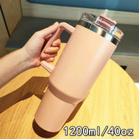 40oz 304 stainless steel vacuum insulated water cup with handle, straw cover, car portable sports travel cup leak proof design