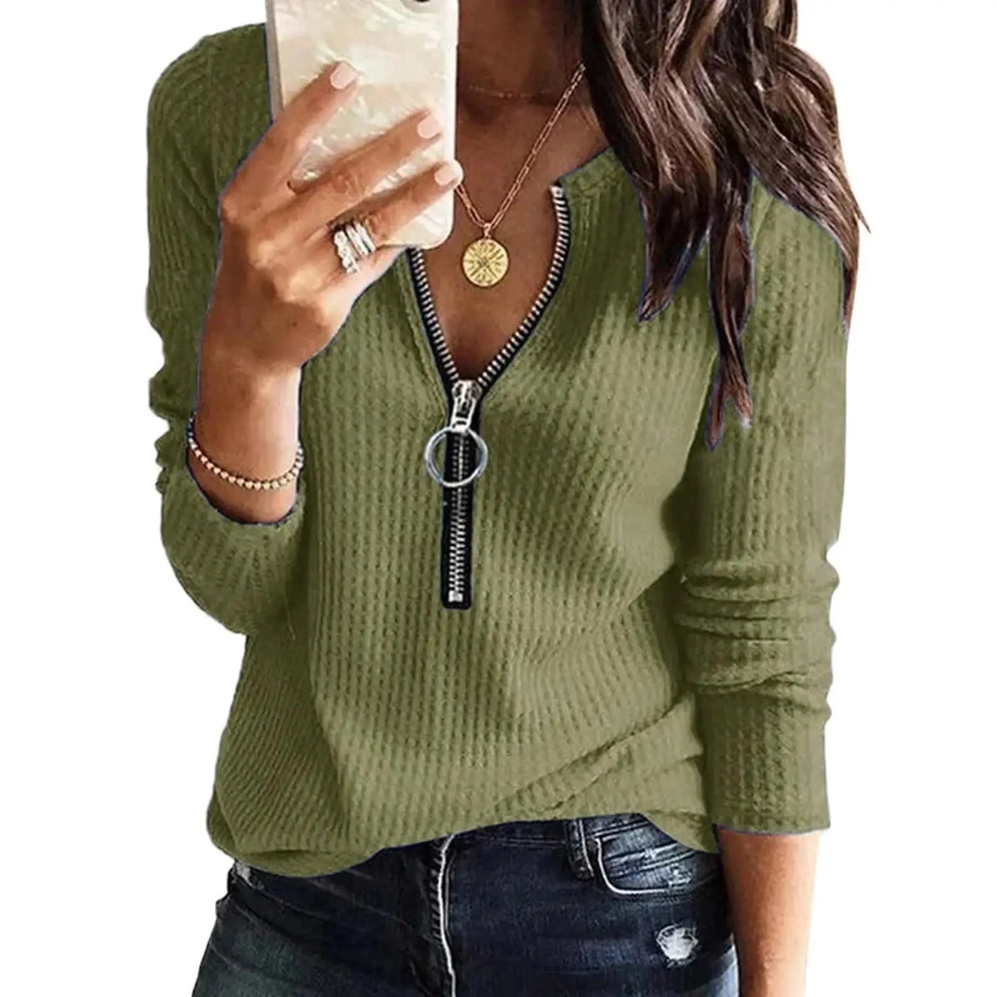 One-Handed Pullover Zipper Style Women's Shirt Long Sleeve Knitted Pure Color Casual Fashion Ladies' Top