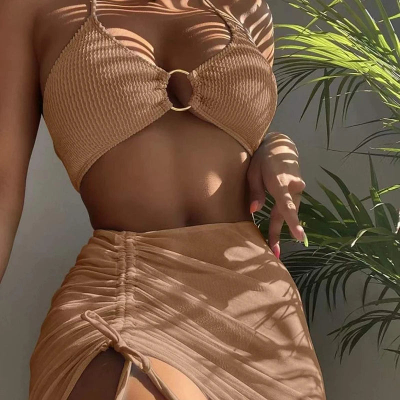 2023 High Waist Swimsuit 3-Piece Set Micro Ribbed Bikini Hanging Neck Textured Ring Linked Halter Bikini