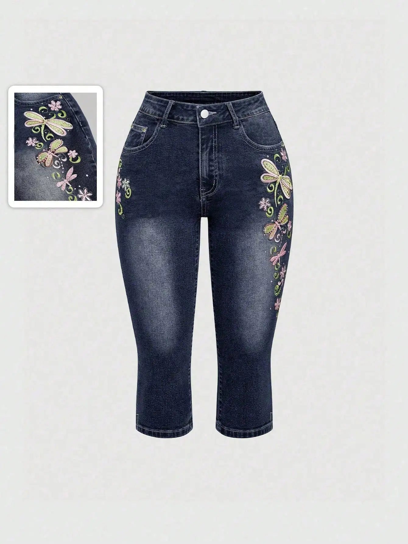 Y2K Fairycore Dragonfly Embroidery Capri Jeans, Low Waist, Summer Retro Style
