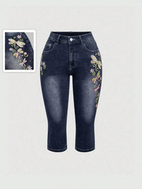 Y2K Fairycore Dragonfly Embroidery Capri Jeans, Low Waist, Summer Retro Style