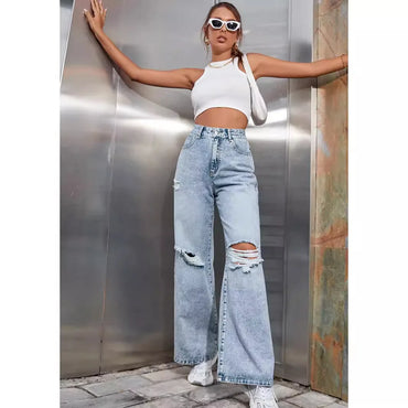 2025 Autumn New Women's Fashion Ripped High Waist Wide Leg Casual Jeans Boyfriend Jeans for Women