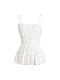 Women's Cami Top White Boho Eyelet Tank Top Strap Square Neck Peplum Hem Ruffle Spring Summer Casual Beach Vacation Blouse