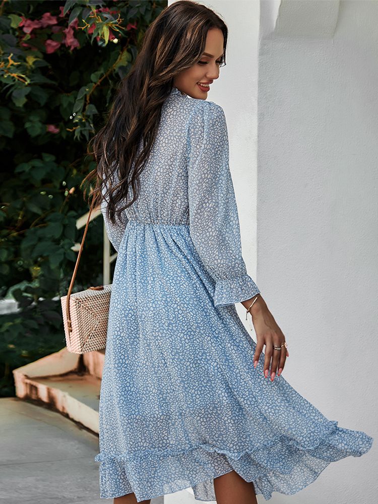 Boho Summer Dress Women 2022 Ruffles Print V Neck Chiffon Midi Dress Wrist Flare Sleeve Empire Holiday Beach Dresses Woman