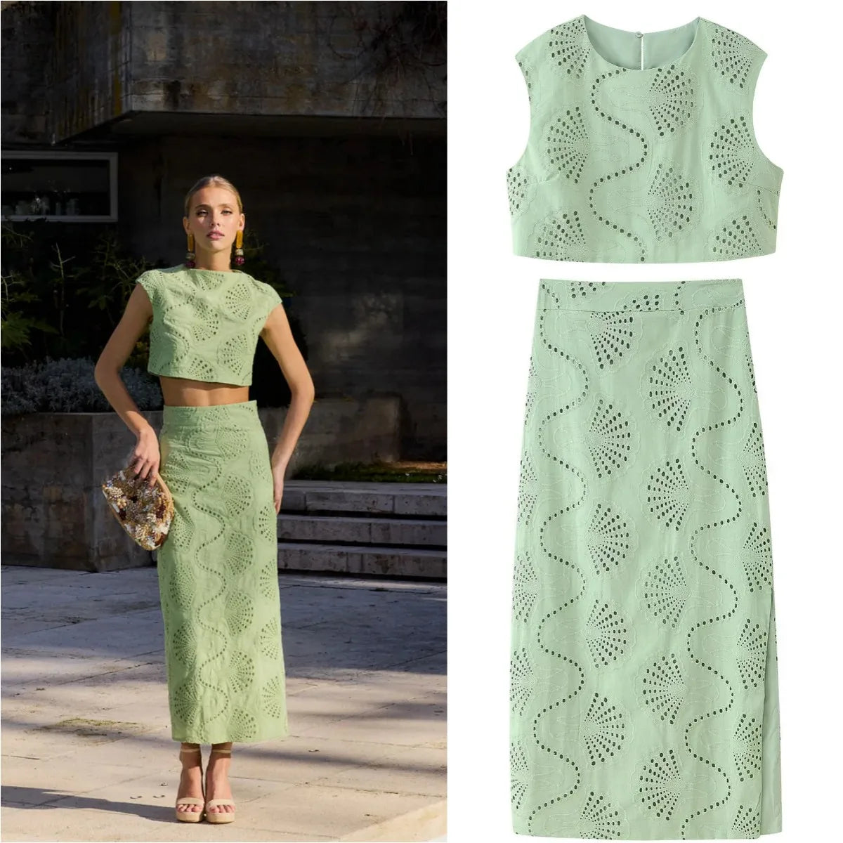 ETJ 2025 new  women's elegant and gentle hollow embroidery round neck jacket & high waist slit skirt fashion casual suit