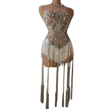 Sparkly Rhinestones Sequins Fringes Leotard  Women Sexy Mesh Rhinestone Dress Birthday Celebrate  Party Show Wear