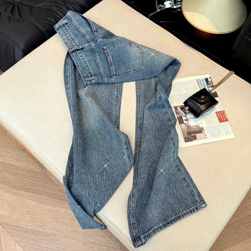 Women's Jeans Spring Retro Washed Diamond-encrusted Design Sense High-waisted Straight-leg Pants Loose Wide-leg Mopping Pants