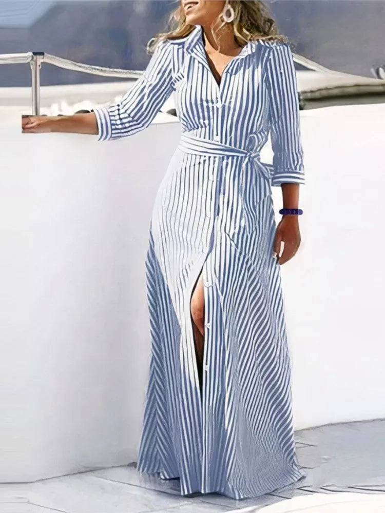 Blue Striped Print Maxi Shirt Dress For Women Plus Size Turndown Collar Long Sleeves With Belted Casual Holiday Dresses(S) Blue Striped Print Maxi Shirt Dress For Women Plus Size Turndown Collar Long Sleeves With Belted Casual Holiday Dresses(S)