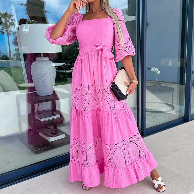 Elegant Retro White Lace Jacquard Women Dress Office Ladies Temperament Off Shoulder Maxi Dresses 2023 Long Evening Party Dress