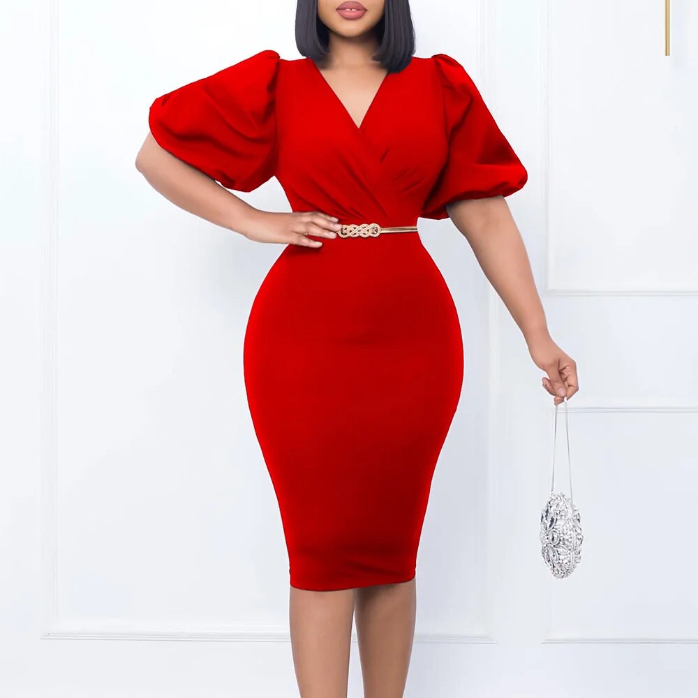 African Clothing Ladies Wear Elegant Fashion Puff Sleeve Church Dresses Women Sexy V Neck Straight Midi Dress with Belt