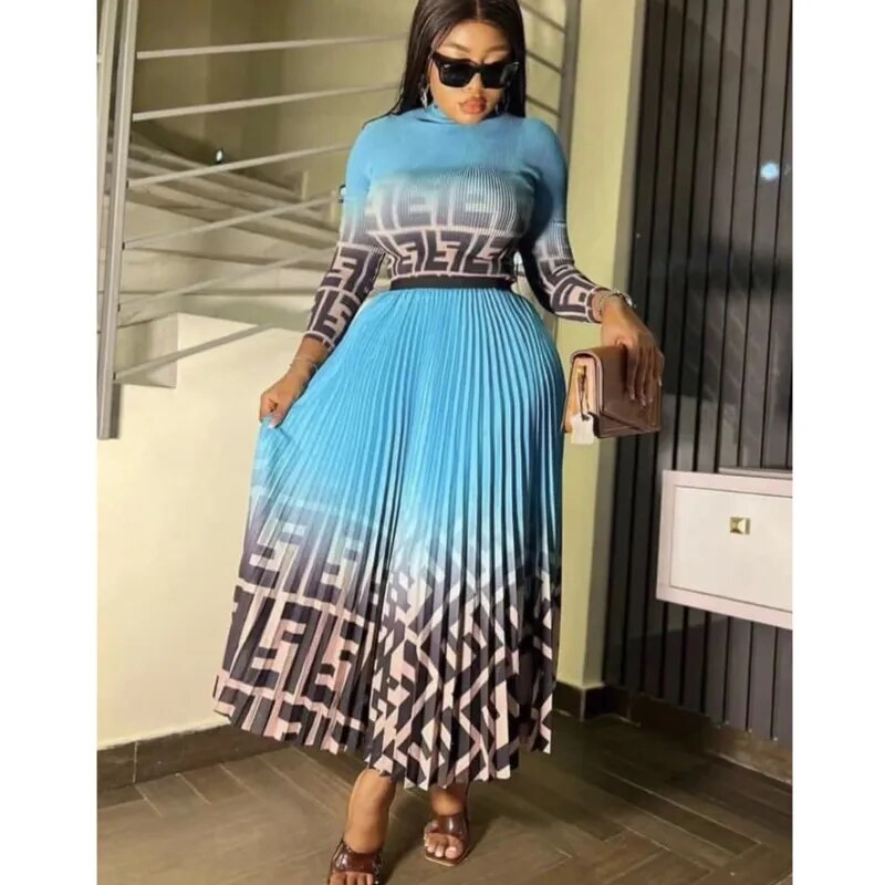 Bohemian Set For Women Gradient Letter Print Long Sleeve Top And Pleated Design Skirt Dress Set Elegant Lady Suit Versatile Sets