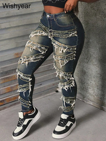 Vintage Pencil Pants Ripped Spliced Women Jeans Distressed Stretch Denim Trouser Wash Dark Blue Skinny Pockets Punk Style y2k