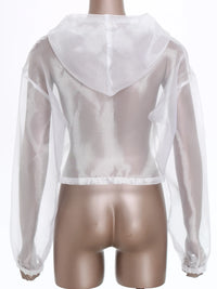 Womens Sparkly Transparent Hooded Top Holographic Long Sleeve Cropped Tee Shirts Festival Rave Outfits Pullover Hoodie Clubwear