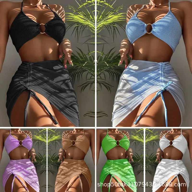 2023 High Waist Swimsuit 3-Piece Set Micro Ribbed Bikini Hanging Neck Textured Ring Linked Halter Bikini